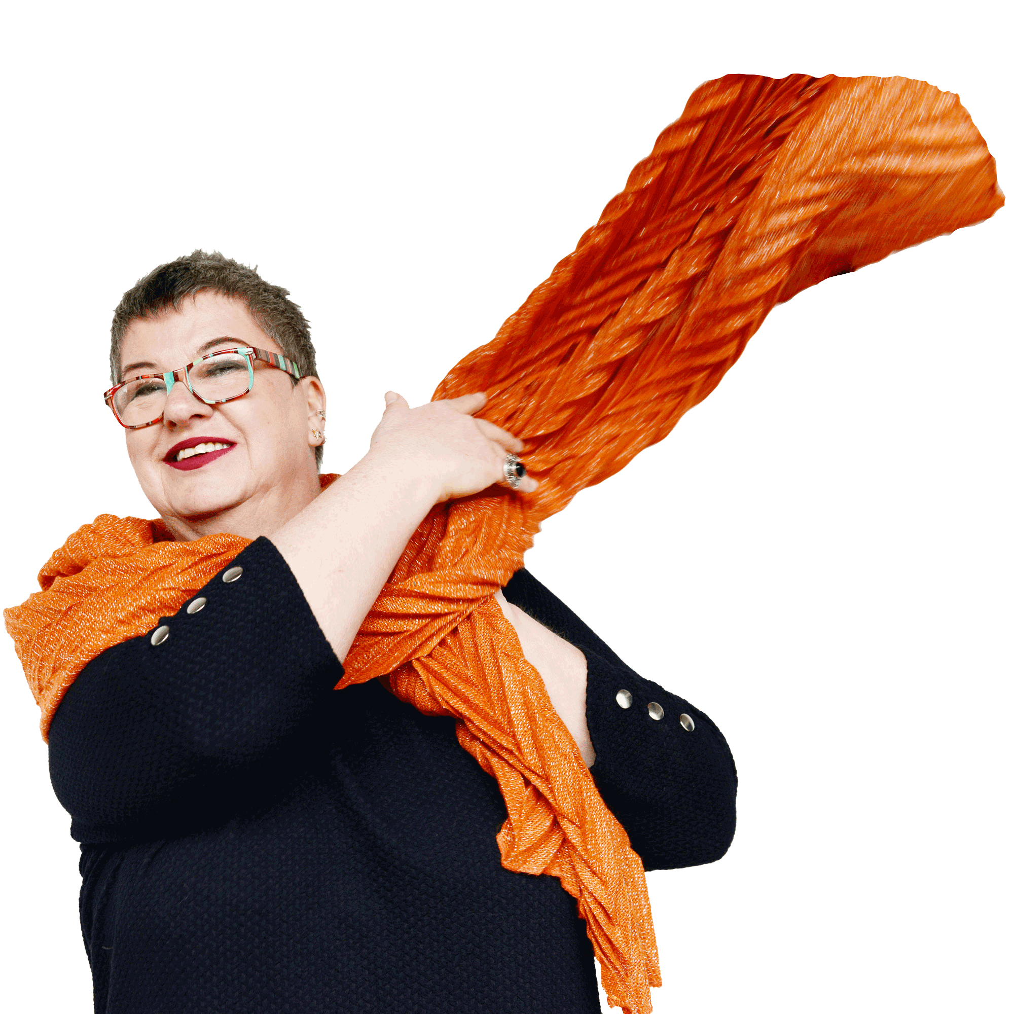 Sonja Schiff oranger Schal fliegt